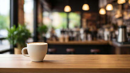 Fototapeta premium Cozy Coffee Shop Scene with Rustic Wooden Table for Mockups and Product Displays