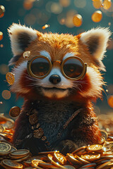 Funny and cute red panda wearing sunglasses surrounded by gold coins