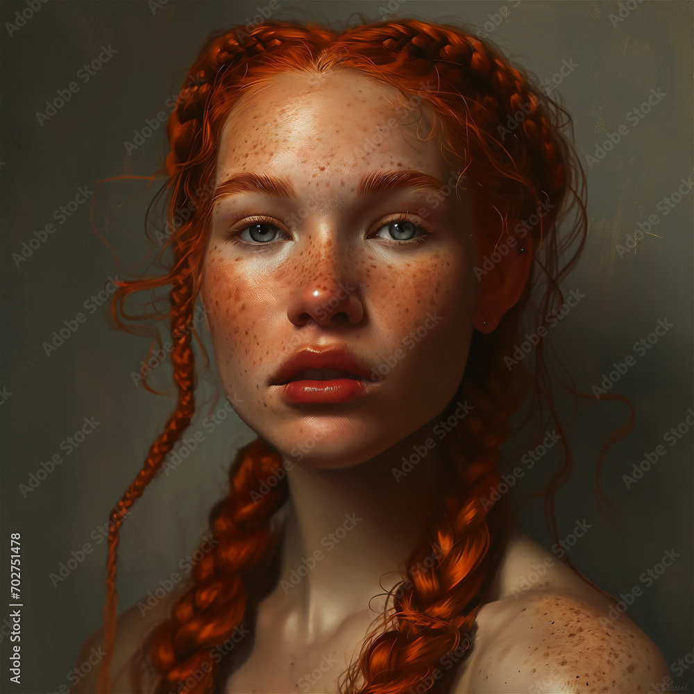 Wall mural portrait of a ginger woman with braids