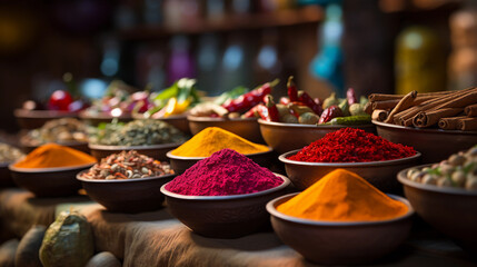 Fototapeta premium Vibrant Spice Array A Colorful and Aromatic Journey at the Spice Market