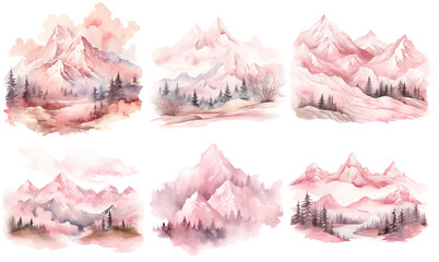 Watercolor mountain landscapes in pink tones