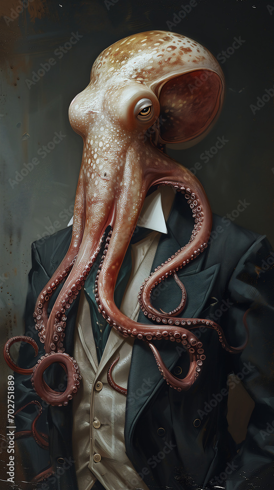 Wall mural fantastic character of an octopus businessman in a suit on a dark background - Wall murals