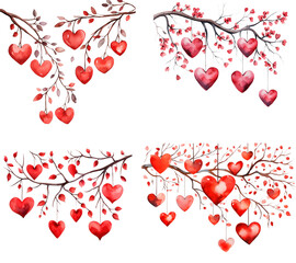Branches with red hearts. Watercolor Valentines Day clipart