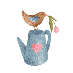Simple postcard with tulip, watering can and bird. Spring mood greeting card