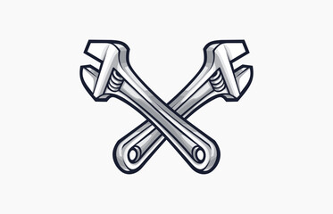 Crossed Adjustable monkey wrench, monkey spanner icon for graphic design of logo, emblem, symbol, sign, badge, label, stamp isolated on white background, vector illustration