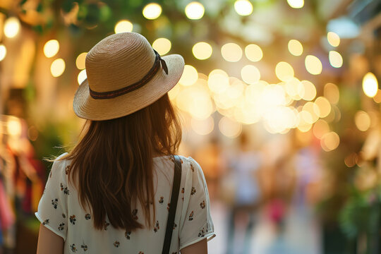 Junge Frau geht im Sommer einkaufen