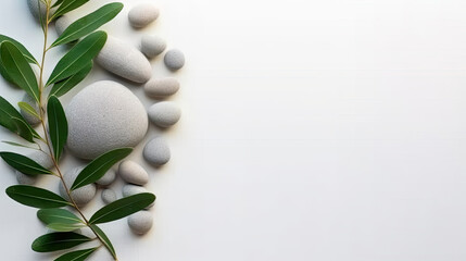 A branch of olive leaves and stones on a white background. This versatile asset is suitable for various designs like wellness and spa, nature and environment, and Mediterranean-inspired themes.