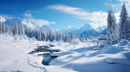 Fototapeta na wymiar Snowy Winter Mountain Landscape with Crisp Blue Sky