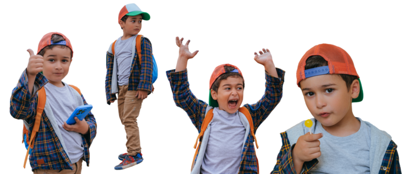 Sad Little tanned boy in casual clothes against view transparent background. Emotions of little boy