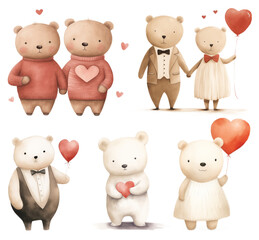 Cute bears with red hearts. Watercolor Valentines Day clipart