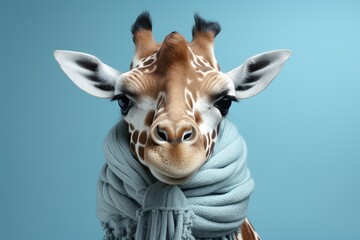 Poster with image of a giraffe in a knitted scarf on a blue background - obrazy, fototapety, plakaty