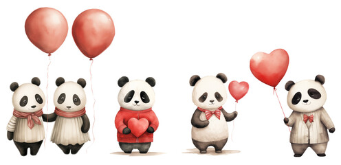Cute pandas with red hearts. Watercolor Valentines Day clipart