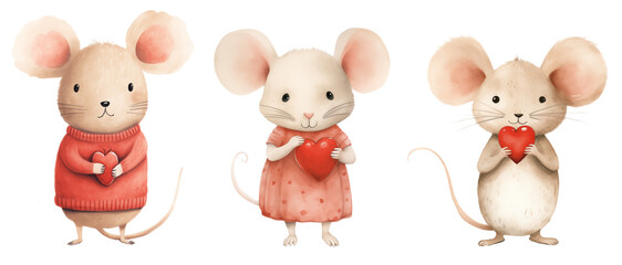 Cute mice with red hearts. Watercolor Valentines Day clipart
