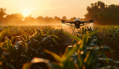 A drone flying over a corn field at sunset. Generative AI - obrazy, fototapety, plakaty