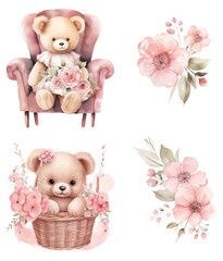 Cute teddy bears with cherry blossom, watercolor set
