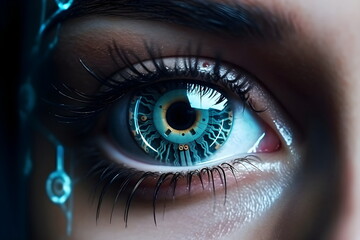 closeup of woman robot eye retina , Generative AI
