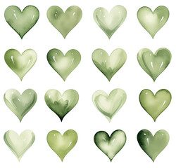 Green watercolor hearts. Valentines Day clipart