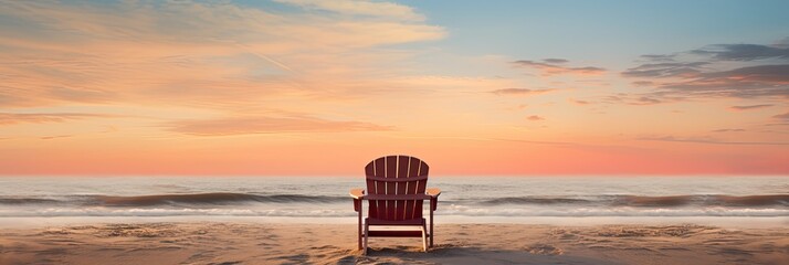 A solitary beach chair facing the ocean at sunrise, inviting relaxation and contemplation - obrazy, fototapety, plakaty
