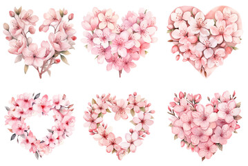 Cherry blossom hearts, wreath - watercolor Valentines Day set