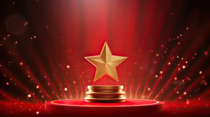 Golden star and glitter light on the red stage, award ceremony concept background