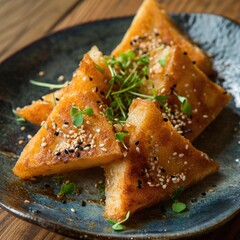Sesame Prawn Toast on a ceramic plate.