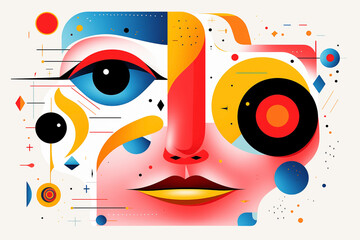 Abstract composition of facial elements with vibrant colors. Abstract illustration showcasing facial elements adorned with geometric shapes in pop and cubist design.
