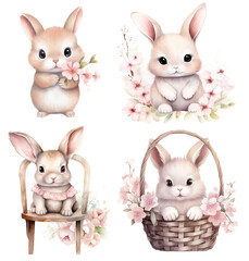 Cute easter bunny with cherry blossom, watercolor set