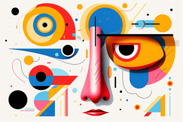 Abstract composition of facial elements with vibrant colors. Creative portrayal of a face with dynamic geometric shapes in a pop and cubist aesthetic.