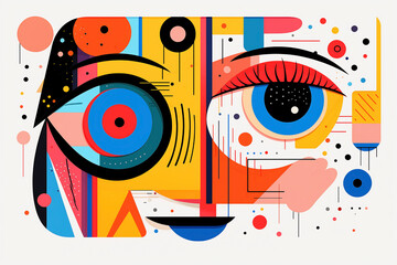 Abstract composition of facial elements with vibrant colors. Artistic rendering of facial features with geometric shapes in pop and cubist design.