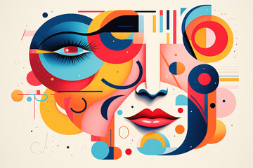 Abstract composition of facial elements with vibrant colors. Artistic rendering of facial elements with geometric shapes in a pop and cubist design.