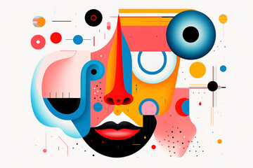 Abstract composition of facial elements with vibrant colors. Illustration capturing a face with geometric shapes in pop and cubist aesthetic.