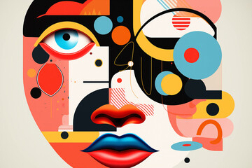 Abstract composition of facial elements with vibrant colors. Abstract depiction of a face adorned with geometric shapes in pop and cubist fashion.