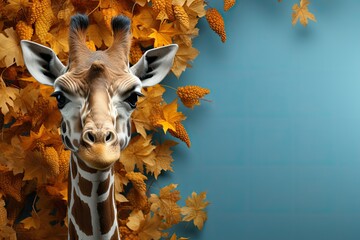 Cute cartoon giraffe on a blue background. Autumn concept