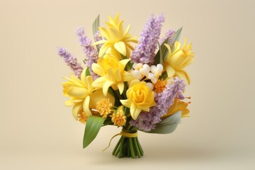 bouquet of purple hyacinths and yellow daffodils on a beige background. Spring Easter concept. Place for text