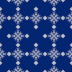 Seamless abstract pattern with snowflakes. Navy blue, white. Christmas, New Year. Ornament. Designs for textile fabrics, wrapping paper, background, wallpaper, cover.
