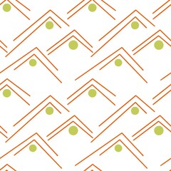 Seamless abstract geometric pattern. Simple background in green, orange and white. Lines, dots. Digital textured background. Design for textile fabrics, wrapping paper, background, wallpaper, cover.