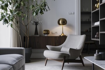 An inviting living room with a cozy couch and stylish armrest, adorned with a plush pillow and houseplant, centered around a sleek coffee table in front of a window with a stunning view