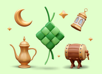 Traditional elements concept. Placard with ketupat, golden lantern, crescent, beautiful kettle, and bedug drum. Muslim concept. Vector illustration in 3d style