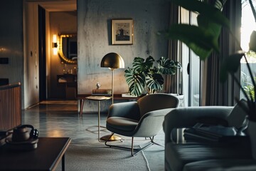 A cozy living room with modern interior design featuring a comfortable couch, a sleek lamp, and a vibrant houseplant, all set against a stylish wall and a rustic coffee table