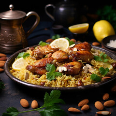 Kabsa, chicken biryani arabic food with chicken and almonds with lemon on a plate