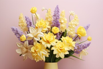 bouquet of spring flowers in yellow-violet tones in a vase on a light pink background