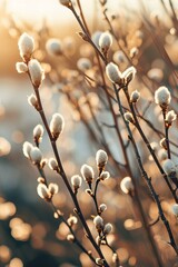 Close up of pussy willow branches, neutral colors, golden hour Easter background