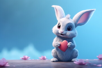 Fototapeta premium Valentine's day card with Kawaii bunny. Rabbit cartoon collection. Small lovely rabbit holds love heart