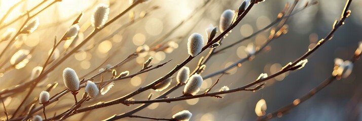 Close up of pussy willow branches, neutral colors, golden hour Easter background - obrazy, fototapety, plakaty