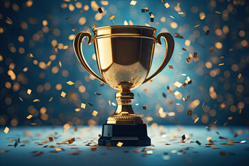 A gold trophy cup with confetti on blue background.Concept of success and achievement.Champions award, sport victory, winner prize concept. Competition success, first place, best win symbol. - obrazy, fototapety, plakaty