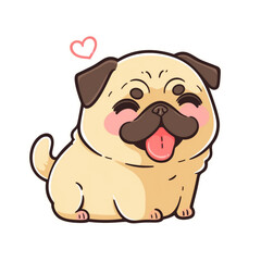 Cute happy kawaii pug with heart, adorable dog graphic design vector