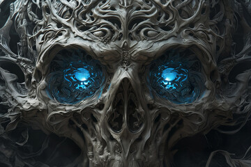 Skull glowing blue with intricate details