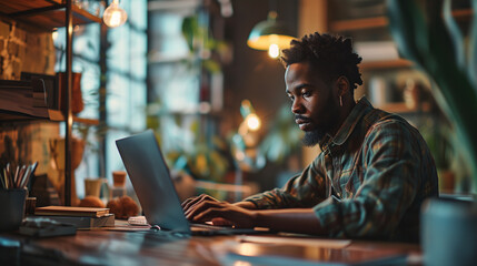 Young black african american man working remotely from home office - obrazy, fototapety, plakaty