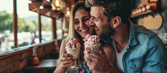 Happy couple enjoying ice cream at home - obrazy, fototapety, plakaty