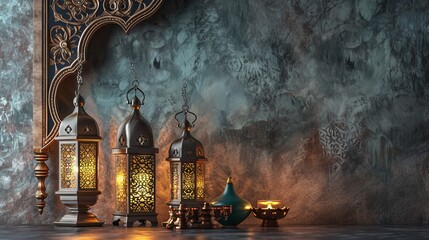 Arabic lantern of ramadan celebration background. Islamic holiday banner. - obrazy, fototapety, plakaty